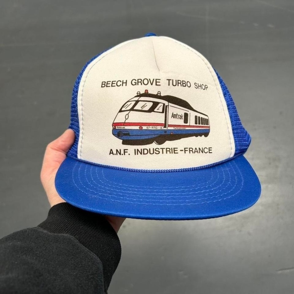 Vintage 80s Amtrak trains blue and white mesh trucker SnapBack hat cap OSFA